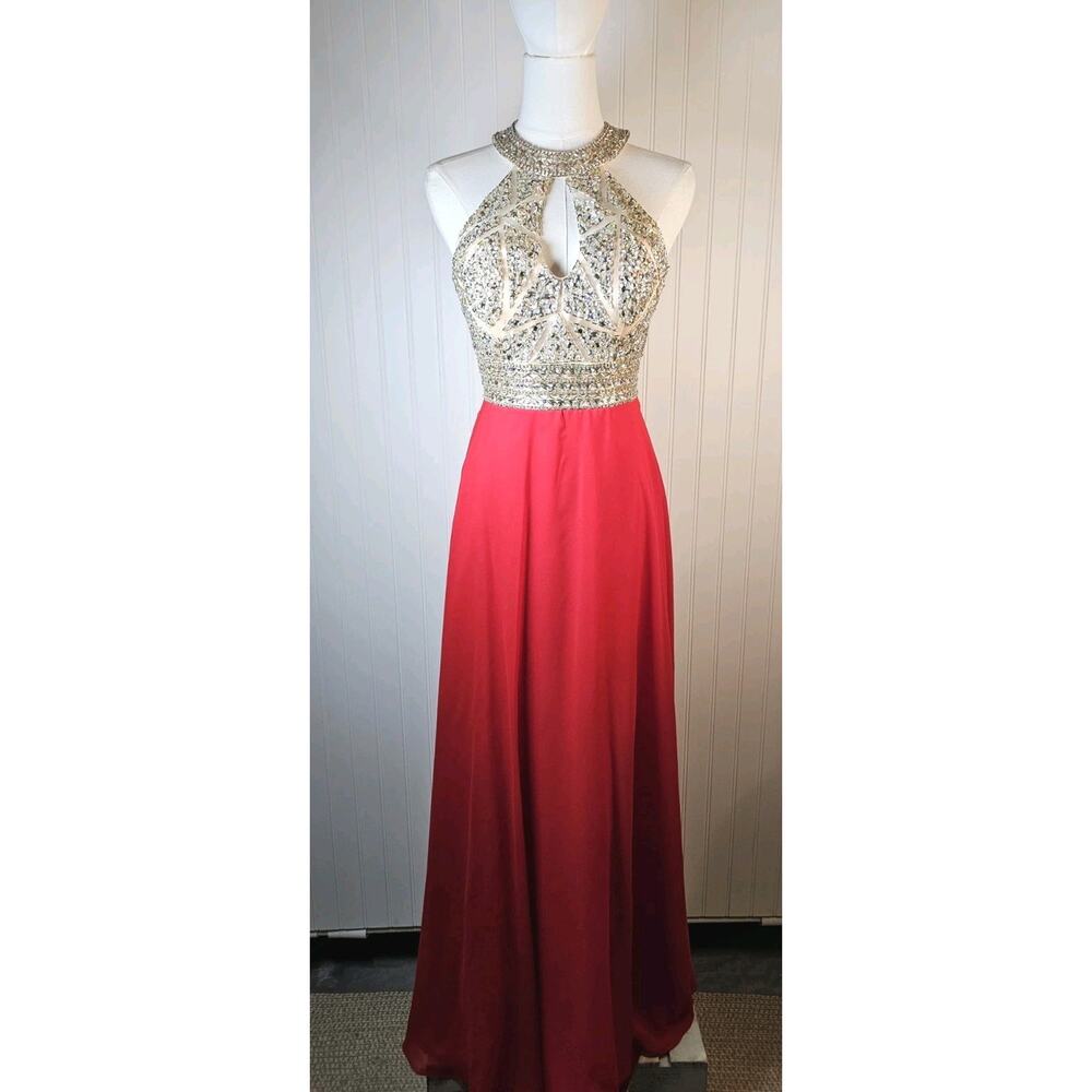 Renaissance A-Line Beaded Red Chiffon Prom Gown Women’s Size 4 Formal Beaded